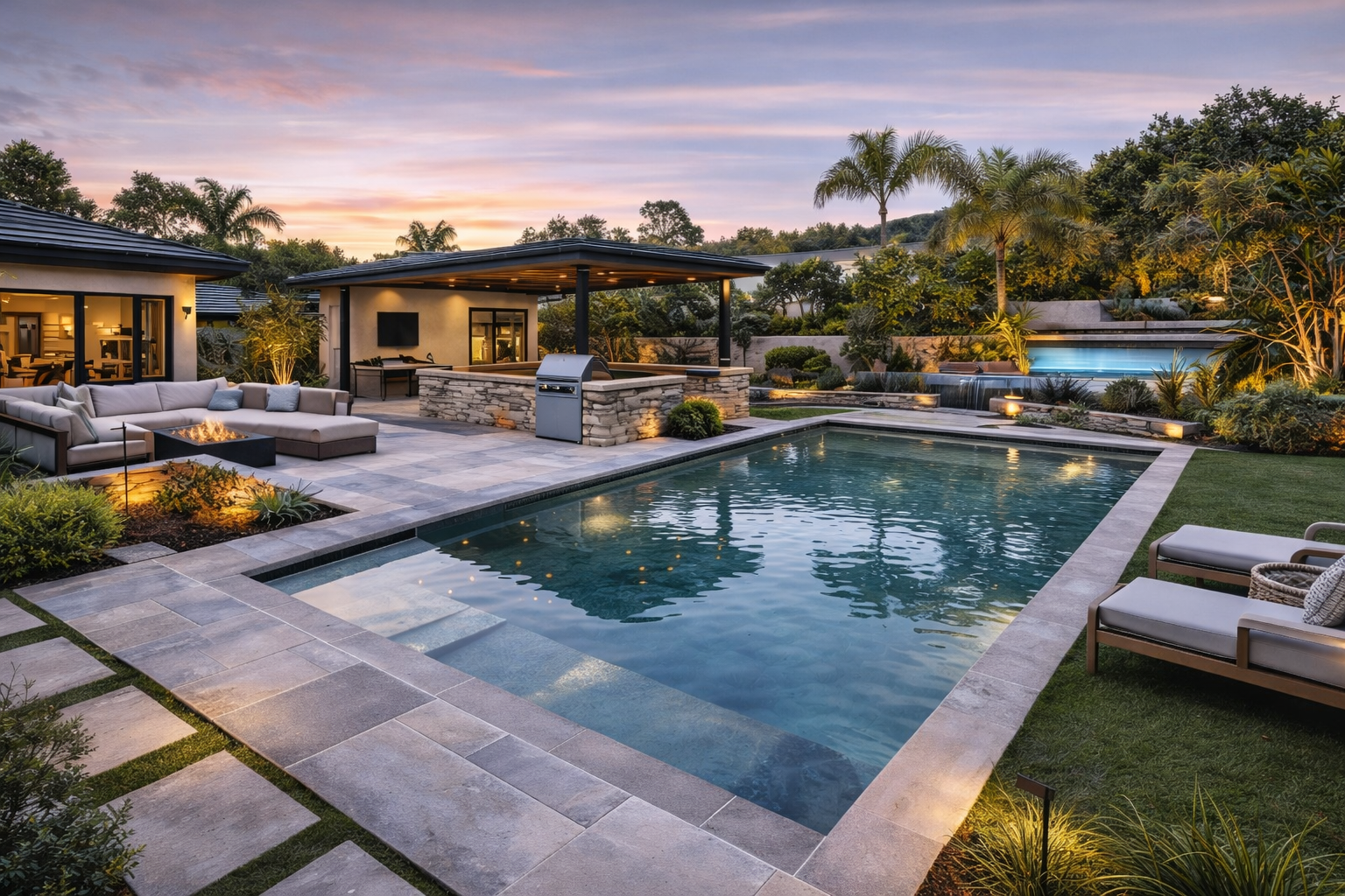Modern luxury backyard remodel Calabasas CA — artificial turf, travertine patio, pergola, outdoor kitchen